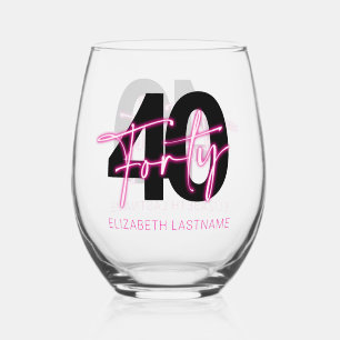 Verre À Vin Sans Pied Anniversaire Quarante 40 ans Neon Noir Rose