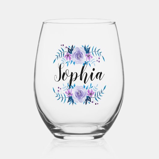 Verre À Vin Sans Pied Aquarelle bleu violet couronne florale Texte perso (Recto)