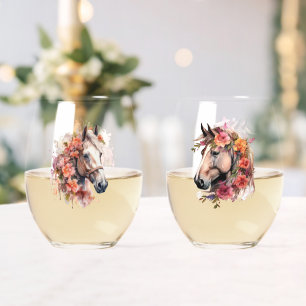 Verre À Vin Sans Pied Aquarelle Cheval Têtes Avec Couronnes Florales