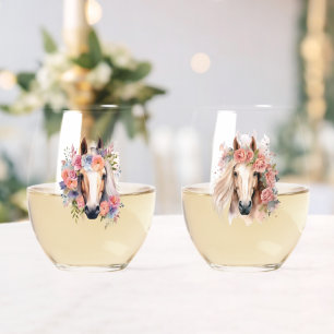 Verre À Vin Sans Pied Aquarelle Cheval Têtes Avec Couronnes Florales