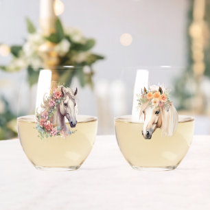 Verre À Vin Sans Pied Aquarelle Cheval Têtes Avec Couronnes Florales