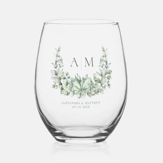 Verre À Vin Sans Pied Aquarelle Eucalyptus Monogram Mariage (Recto)