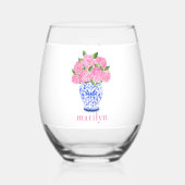 Verre À Vin Sans Pied Aquarelle rose Hydrangeas Chinoiserie Personnalisé (Recto)