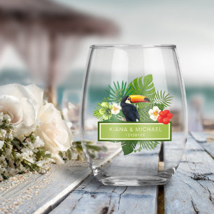 Verre À Vin Sans Pied Aquarelle Tropical avec Mariage Toucan ID577