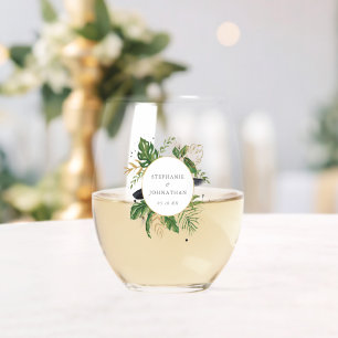 Verre À Vin Sans Pied Aquarelle verte et or Mariage tropical