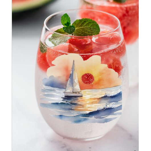 Verre À Vin Sans Pied Aquarelle Voilier Voilier Nautique Coucher de sole