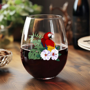 Verre À Vin Sans Pied Ara Macao Rouge Perroquet Tropical Hibiscus Floral