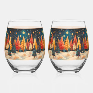 Verre À Vin Sans Pied Arbres Abstraits orange rouge jaune vert