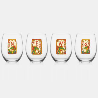 Verre À Vin Sans Pied Art Deco Style Mahjong Winds & Dragons