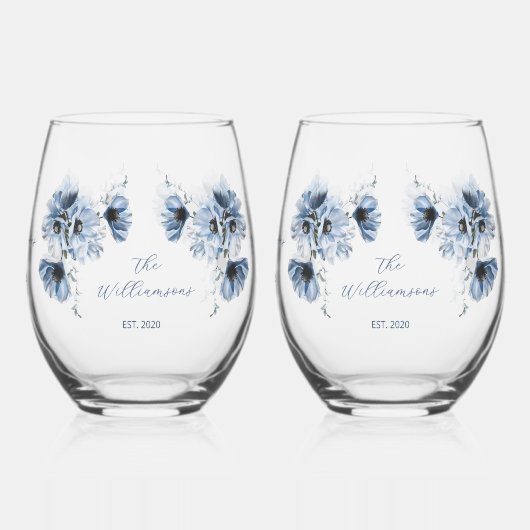 Verre À Vin Sans Pied Artistic Blue Flowers Wedding (Gauche)