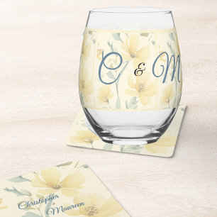 Verre À Vin Sans Pied Beurre pâle Jaune Doux Bleu Mariage Floral