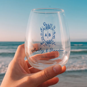 Verre À Vin Sans Pied Blason de monogramme floral fantaisiste bleu franç
