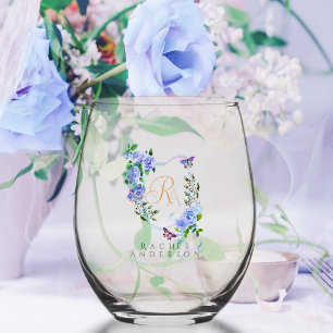 Verre À Vin Sans Pied Bleu Rose ruban Chic Monogramme