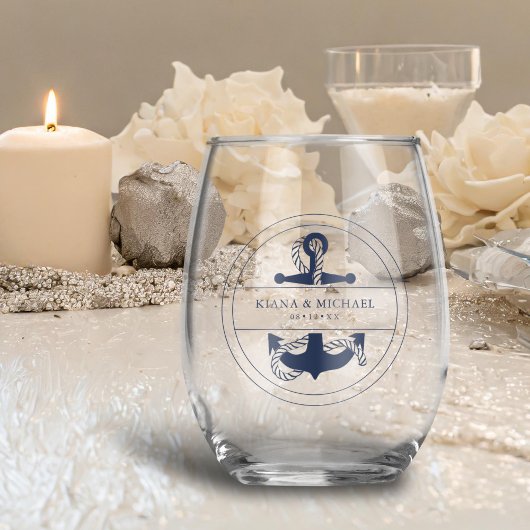 Verre À Vin Sans Pied Blue Wave Ancre Mariage V2 Navy ID836
