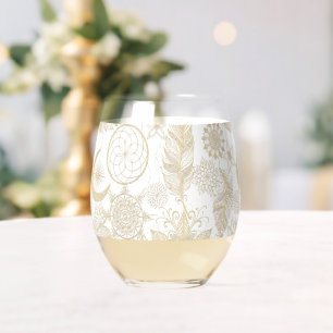 Verre À Vin Sans Pied Boho Blanc Or Plumes Florales Dreamcatcher
