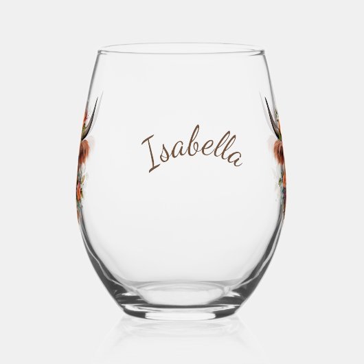 Verre À Vin Sans Pied Boho de vache Highland moderne avec design de fleu (Gauche)