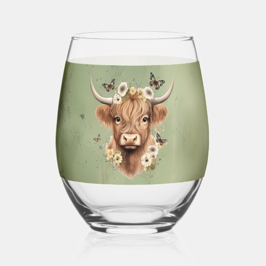 Verre À Vin Sans Pied Boho Floral Vache écossaise avec Ferme Vert (Recto)