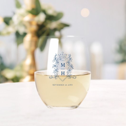 Verre À Vin Sans Pied Bonté de mariage monogramme couronne bleue (Insitu (Mariage))