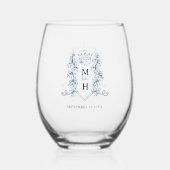 Verre À Vin Sans Pied Bonté de mariage monogramme couronne bleue (Verso)