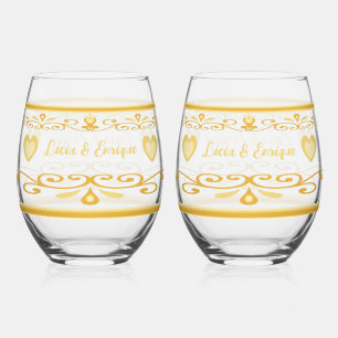 Verre À Vin Sans Pied Bordure dorée avec cœurs pour vin sans tige