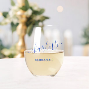 Verre À Vin Sans Pied Bridesmaid Modern Blue Script Nom Fête des mariées