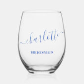 Verre À Vin Sans Pied Bridesmaid Modern Blue Script Nom Fête des mariées (Recto)