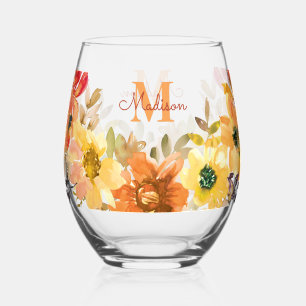Verre À Vin Sans Pied Cadeau de monogramme floral orange Nom