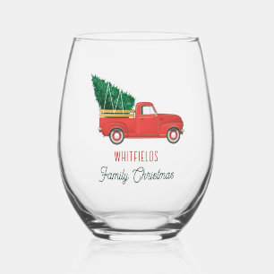 Verre À Vin Sans Pied Camionnette Rouge de Noël Famille Fêtes sur Mesure