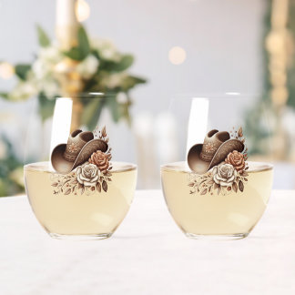 Verre À Vin Sans Pied Chapeau de cowgirl Country Western avec fleurs