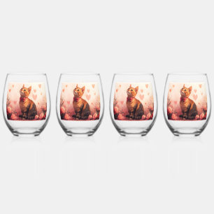 Verre À Vin Sans Pied Chat Abyssin avec des Roses - Saint-Valentin