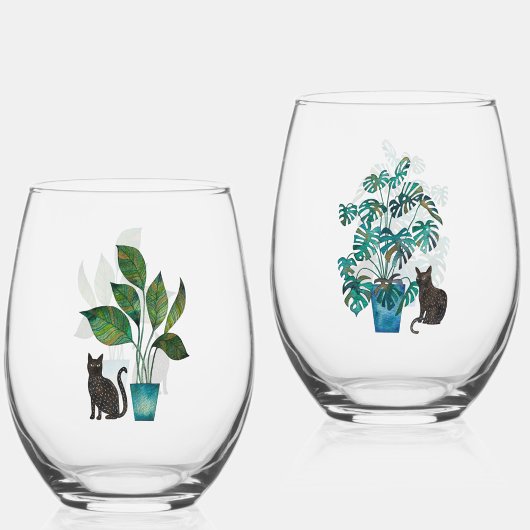Verre À Vin Sans Pied Chat avec Plante Maison Aquarelle