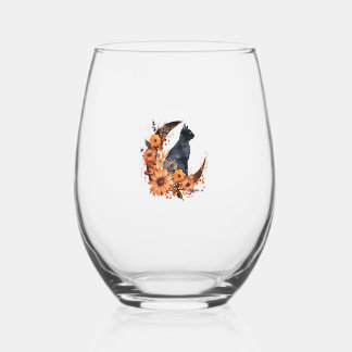Verre À Vin Sans Pied Chat Noir Sur Lune Florale Citrouille Chat Noir Ha