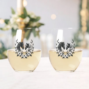 Verre À Vin Sans Pied Chevaux et fleurs noirs et blancs
