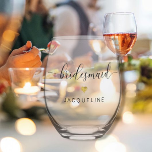 Verre À Vin Sans Pied Chic moderne Bridesmaid Script Gold Nom du coeur