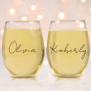 Verre À Vin Sans Pied Chic Script Monogramme Bachelorette fête nuptiale