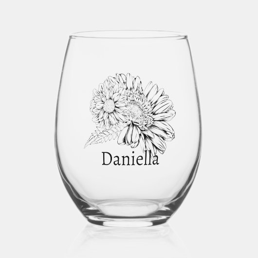 Verre À Vin Sans Pied Chrysanthemum Black Line Drawing with Your Name (Recto)