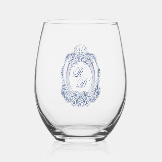 Verre À Vin Sans Pied Cimier baroque Paraphe bleu Mariage (Recto)