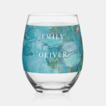 Verre À Vin Sans Pied Claude Monet Water Lilies Mariage<br><div class="desc">Verre à vin mariage avec des noms personnalisés sur Claude Monet Water Lilies peinture arrière - plan</div>