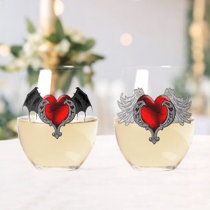 Verre À Vin Sans Pied Cœur gothique avec ailes de chauve-souris, ailes d