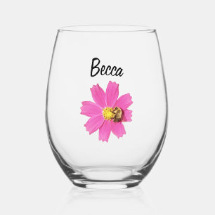 Verre À Vin Sans Pied Cosmos Fleur Rose Vivant Personnalisé avec une Abe