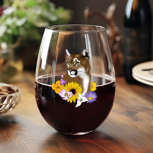 Verre À Vin Sans Pied Cougar Mountain Lion Puma Fleurs