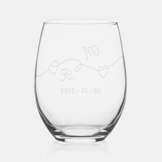 Verre À Vin Sans Pied Couple Monogrammes personnalisés Noir Coeurs entre (Verso)