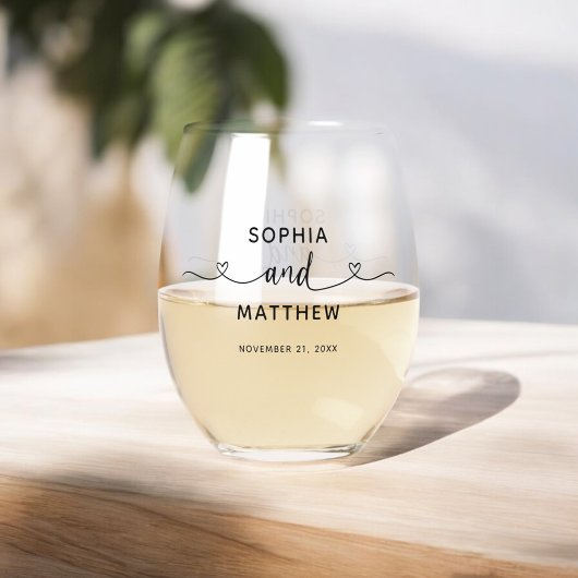 Verre À Vin Sans Pied Couple Names Script Coeur Mariage moderne