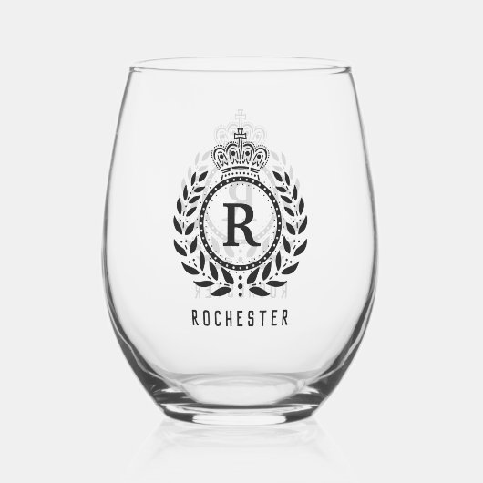 Verre À Vin Sans Pied Couronne royale Laurel Wreath Black Nom monogramme (Verso)