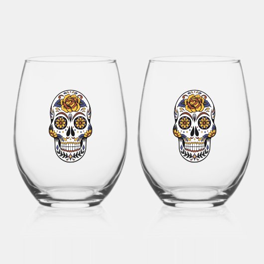 Verre À Vin Sans Pied Crâne à sucre rose jaune (Recto)