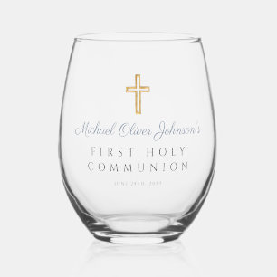 Verre À Vin Sans Pied Croix Bleu Poussiéreux Garçon Religieux Première C