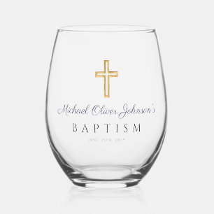 Verre À Vin Sans Pied Croix Religieuse Bleu Marine Script Garçon Baptême