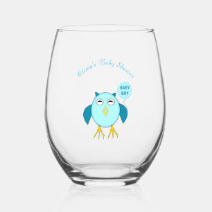 Verre À Vin Sans Pied Cute Blue Baby Boy Owl Baby shower personnalisé