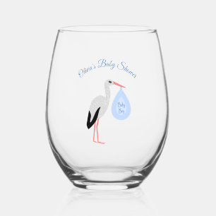 Verre À Vin Sans Pied Cute Blue Baby Boy Stork Baby shower personnalisé