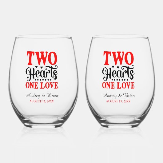 Verre À Vin Sans Pied Deux Coeurs Un Amour Mariage Keepsaké (Recto)